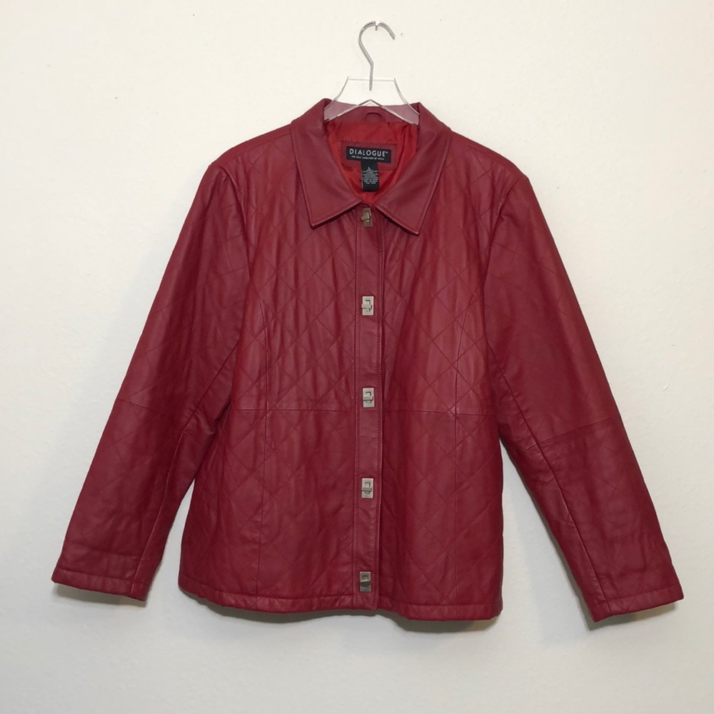 Red Leather Dialogue Jacket Coat Diamond Quilt